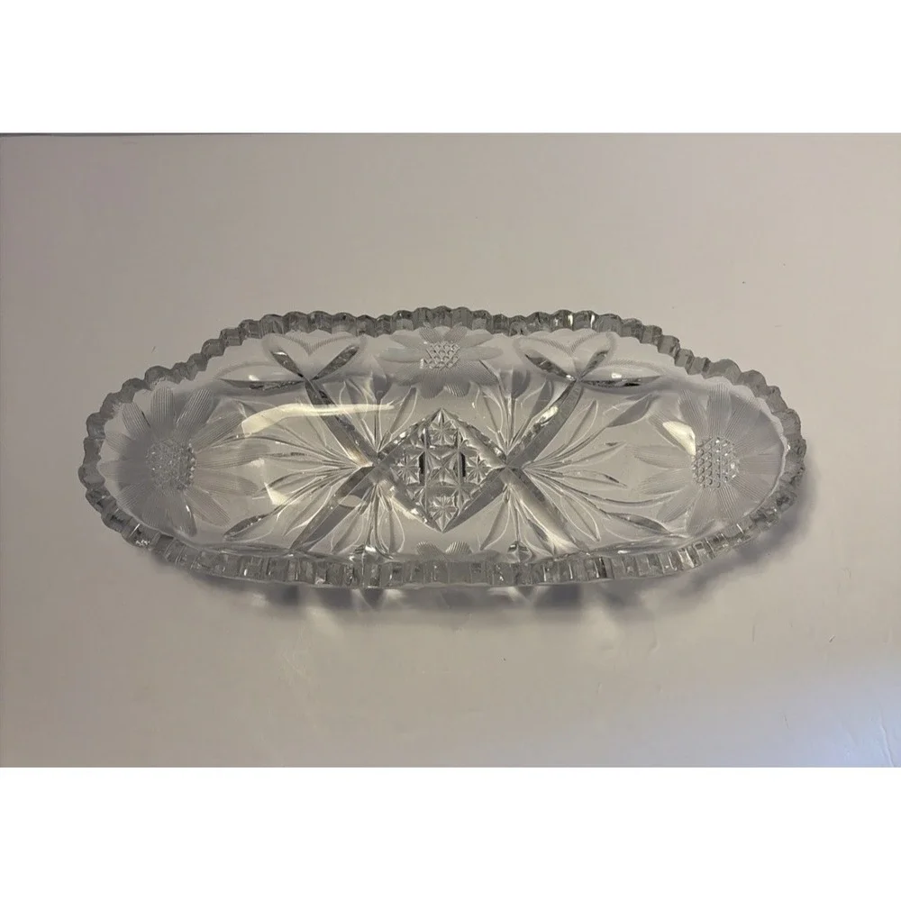 American Brilliant Period Glass Daisy Floral Diamond Pattern OVAL Relish‎ Dish